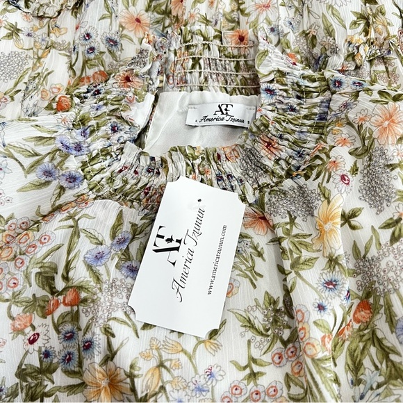 Floral Mini Dress Smocked Neck Tiered Sheer Long Sleeve Lined Multicolored - Picture 12 of 12
